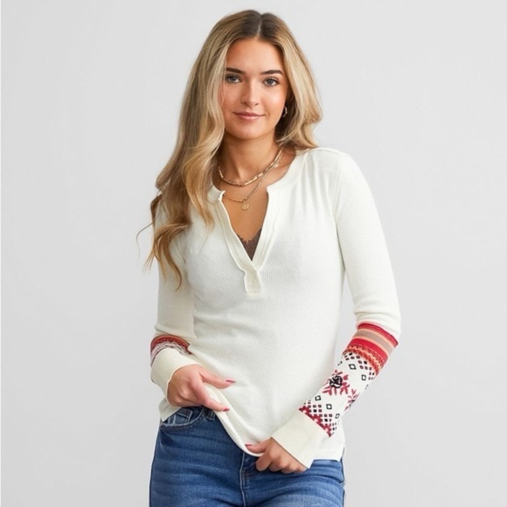 We The Free Cream Top with Red Patterned Sleeves Size XSMALL - Picture 1 of 9